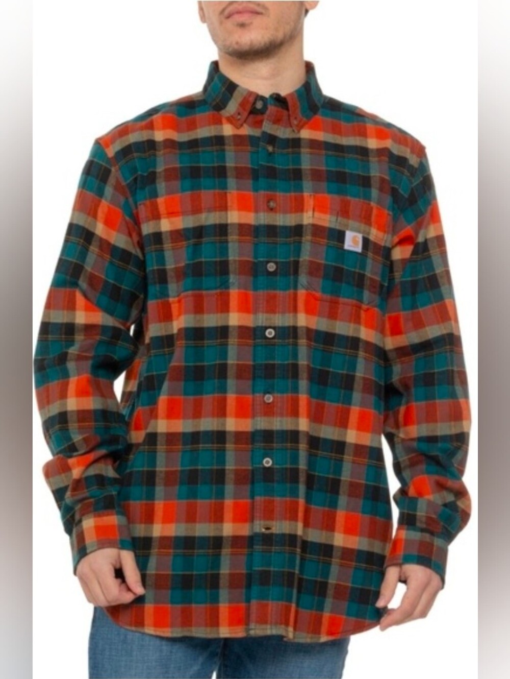 Carhartt Men’s Orange, Teal & Brown Plaid Button-Down Shirt
